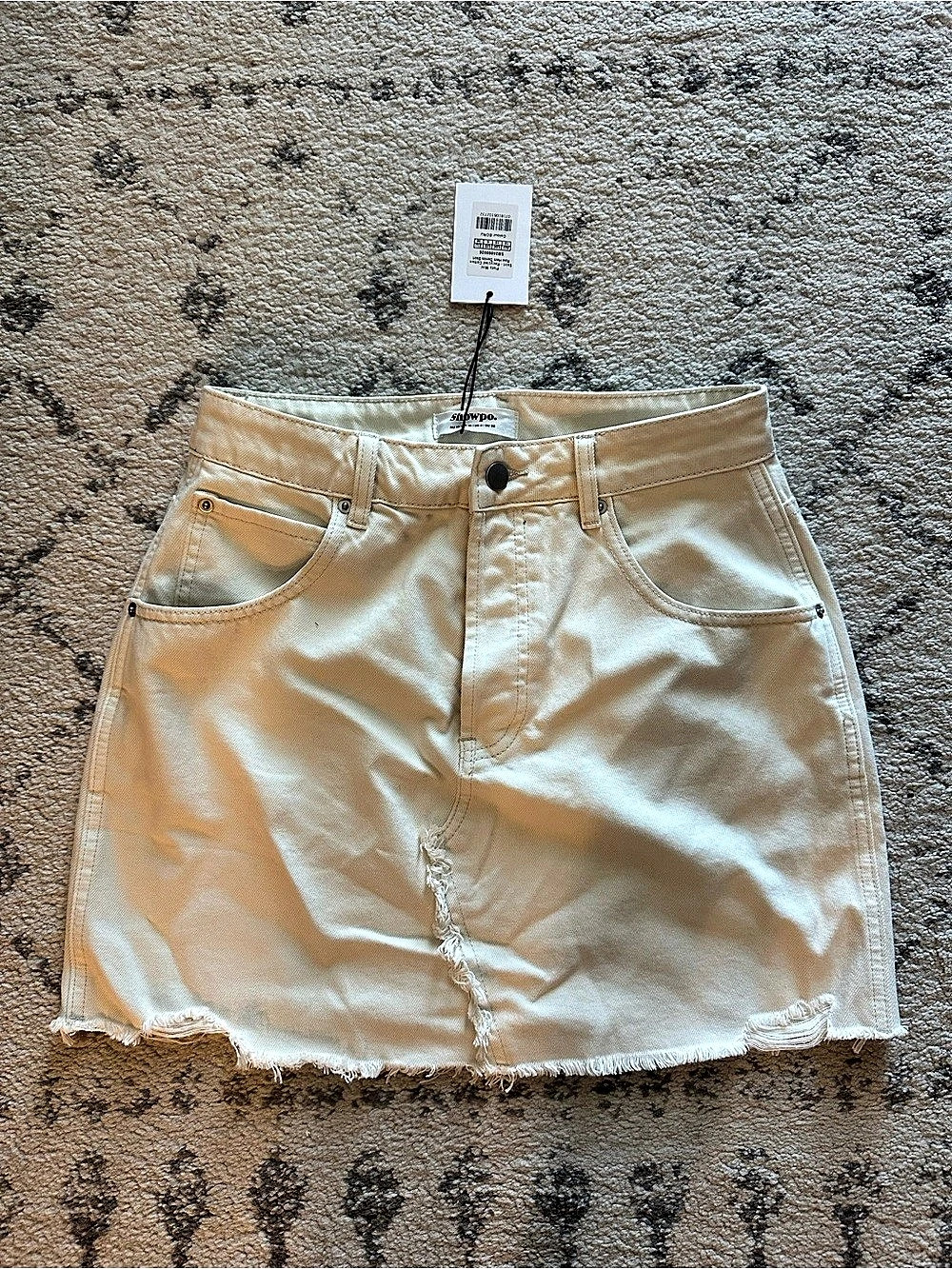 NEW Showpo Pieta Mini Raw Hem Denim Skirt in Cream/Ecru. Size 6 US